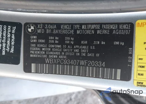 2007 BMW X3 3.0Si from USA, damaged, VIN WBXPC93407WF20334